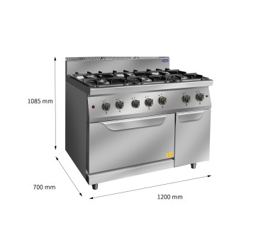 Fogón De Gas  Natural Con 6 Quemadores Con Horno 100°C-300°C 50KW Serie 700 - 1200X700X1085Mm - 3X3 5KW + 3X7KW