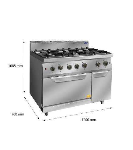 Fogón De Gas  Natural Con 6 Quemadores Con Horno 100°C-300°C 50KW Serie 700 - 1200X700X1085Mm - 3X3 5KW + 3X7KW