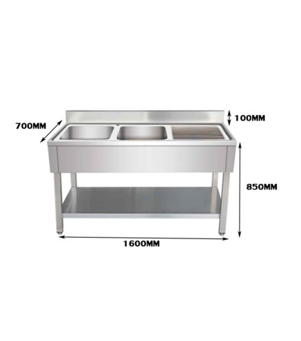 Fregadero Industrial Doble Seno Inox 160x70cm con Escurridor (Izquierda/Derecha)