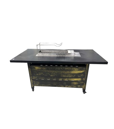 Mesa BBQ Madera Negra 1.2m/1.6m - Parrilla Reversible 10 Platos + 250 Pinchos