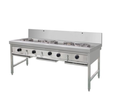 Cocina de Gas Industrial 5 Fuegos con grifo - 3 Rápidos + 2 Lentos - GN Propano 230x90x81+ 290cm