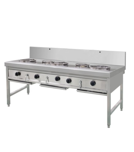 Cocina de Gas Industrial 5 Fuegos con grifo - 3 Rápidos + 2 Lentos - GN 230x90x81+ 290cm