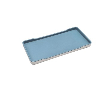 Plato rectangular con muesca exterior blanco interior azul melamina 8/9.8"