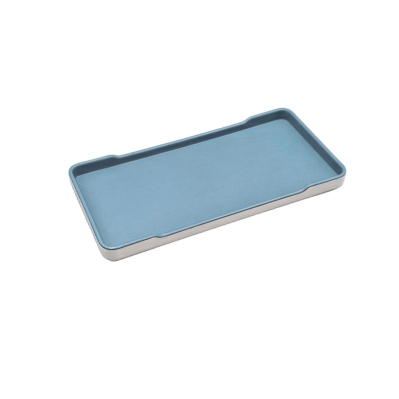 Plato rectangular con muesca exterior blanco interior azul melamina 8/9.8"