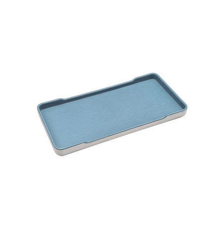 Plato rectangular con muesca exterior blanco interior azul melamina 8/9.8"