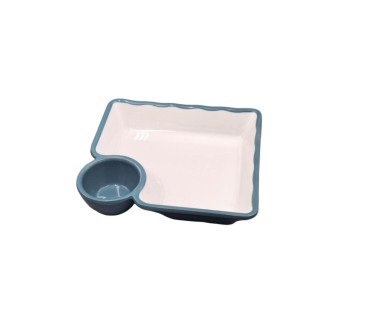 Plato cuadrado cuadriculado exterior azul interior blanco melamina 18.6x17.4x3.8CM