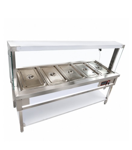 Mostrador baño maría de alimentos aislado con cristal y luz (5 Cubetas) 3 kW