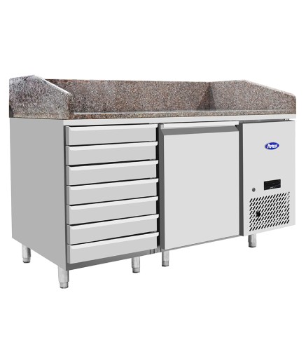 Mesa Refrigerada Para Preparacion De Pizza  - Ventilada - con 1 Puerta y 7 Cajones Capacidad 280L -2°/+8°C 1510X800X850+100MM