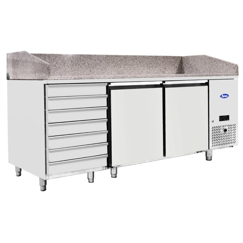 Mesa Refrigerada Para Preparación De Pizza - Ventilada - con 2 Puertas y 7 Cajones Capacidad 420L -2°/+8°C 2010X800X850+100MM Mesa Refrigerada Para Preparación De Pizza - Ventilada - con 2 Puertas y 7 Cajones Capacidad 420L -2°/+8°C 2010X800X850+100MM