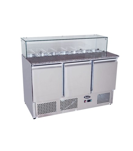 Mesa Refrigeración Y Ensaladera De Mármol Repisa Rectangular 7XGN1/3 - 3 Puertas Capacidad 380L 2°/+8°C 1365X700X1070MM
