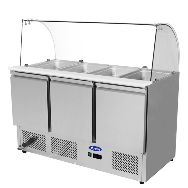 Mesa Refrigeración Y Ensaladera Repisa de Cristal Redondo Con 3 Puertas Capacidad 380L 2°/+8°C 1365X700X1330MM Mesa Refrigeración Y Ensaladera Repisa de Cristal Redondo Con 3 Puertas Capacidad 380L 2°/+8°C 1365X700X1330MM