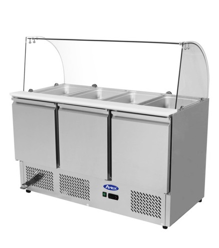 Mesa Refrigeración Y Ensaladera Repisa de Cristal Redondo Con 3 Puertas Capacidad 380L 2°/+8°C 1365X700X1330MM