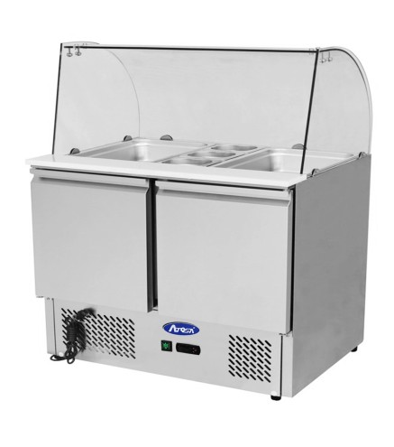 Mesa Refrigeración Y Ensaladera Repisa de Cristal Redondo Con 2 Puertas Capacidad 300L 2°/+8°C 900X700X160MM