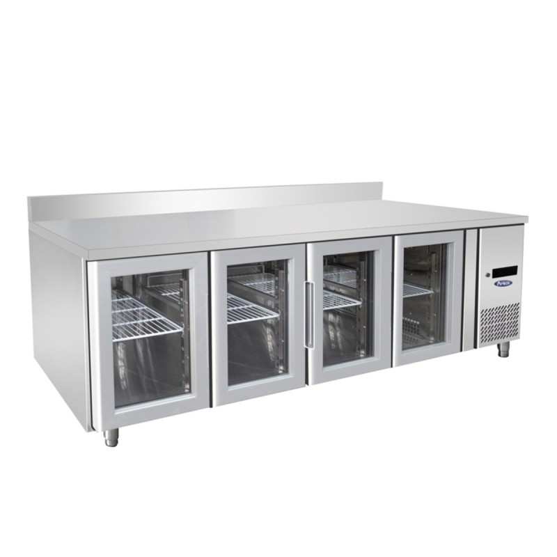 Mesa Refrigerada Ventilada Con 4 Puertas de Cristal con Tope - Capacidad 560L -2°/+8°C 2230X700X850+100MM Mesa Refrigerada Ventilada Con 4 Puertas de Cristal con Tope - Capacidad 560L -2°/+8°C 2230X700X850+100MM
