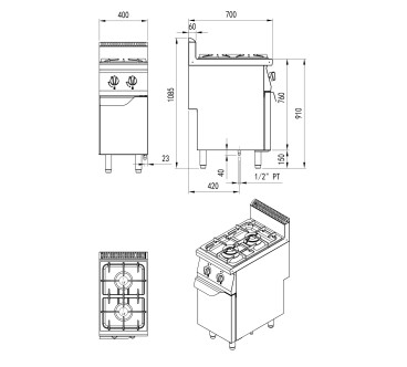 Fogón De Gas Natural Con 2 Quemadores Serie 700 - 400X700X1085MM 14KW - 2X7KW