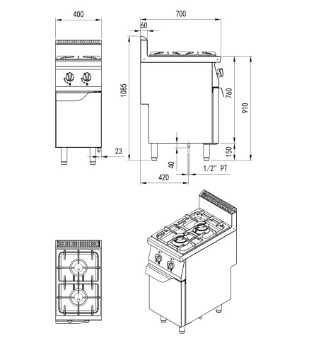 Fogón De Gas Natural Con 2 Quemadores Serie 700 - 400X700X1085MM 14KW - 2X7KW