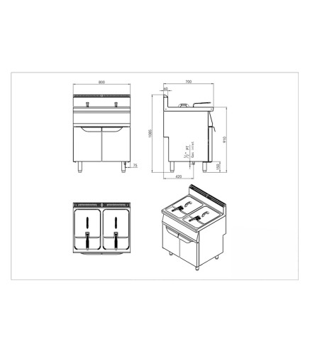 Freidora De Pie Serie 700 - Gas Natural 2X13KW 2X16L 110-190°C 800X700X1085MM