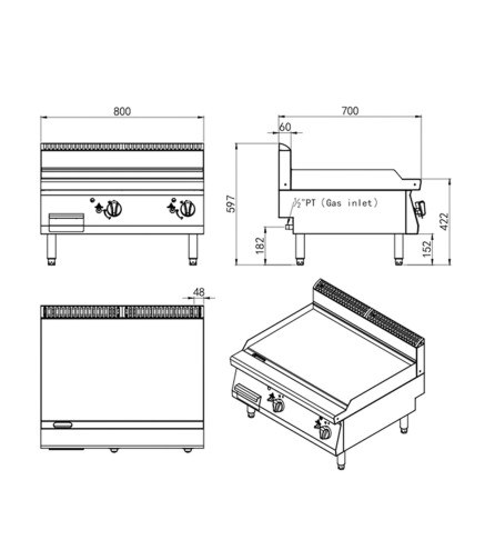 Plancha Gas Natural Lisa 14kW 800x700x547mm