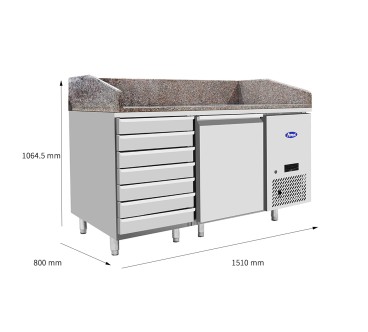 Mesa Refrigerada Para Preparacion De Pizza  - Ventilada - con 1 Puerta y 7 Cajones Capacidad 280L -2°/+8°C 1510X800X850+100MM