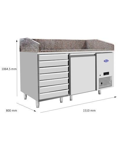 Mesa Refrigerada Para Preparacion De Pizza  - Ventilada - con 1 Puerta y 7 Cajones Capacidad 280L -2°/+8°C 1510X800X850+100MM