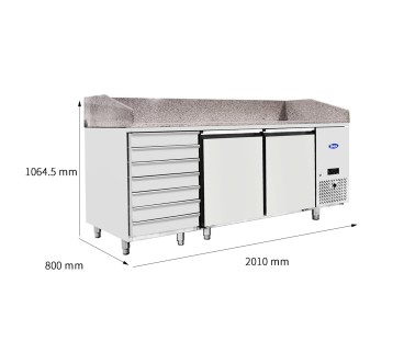 Mesa Refrigerada de Pizza 201cm 2 Puertas & 7 Cajones