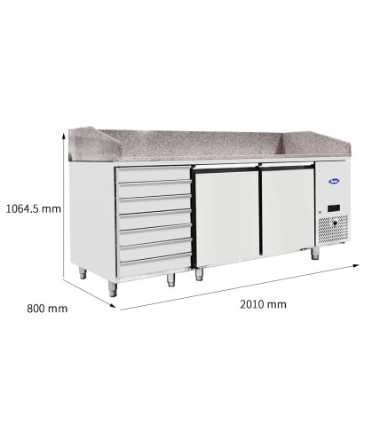 Mesa Refrigerada Para Preparación De Pizza - Ventilada - con 2 Puertas y 7 Cajones Capacidad 420L -2°/+8°C 2010X800X850+100MM