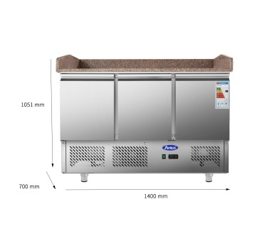 Mesa Refrigeración Y Ensaladera Con Tres Caras En Mármol - 3 Puertas Capacidad 380L 2°/+8°C 1365X700X910MM