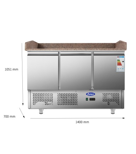 Mesa Refrigeración Y Ensaladera Con Tres Caras En Mármol - 3 Puertas Capacidad 380L 2°/+8°C 1365X700X910MM
