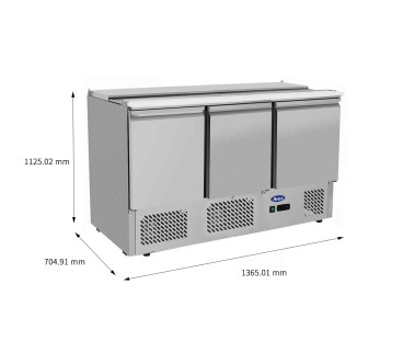Mesa Refrigeración Y Ensaladera Corredera 4xGN1/1 - 3 Puertas Capacidad 380L 2°/+8°C 1365X700X918MM