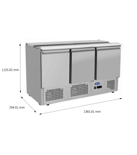 Mesa Refrigeración Y Ensaladera Corredera 4xGN1/1 - 3 Puertas Capacidad 380L 2°/+8°C 1365X700X918MM