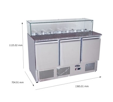 Mesa Refrigeración Y Ensaladera De Mármol Repisa Rectangular 7XGN1/3 - 3 Puertas Capacidad 380L 2°/+8°C 1365X700X1070MM