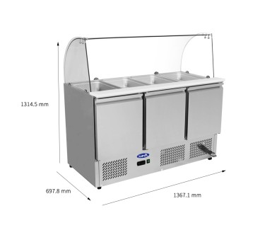 Mesa Refrigeración Y Ensaladera Repisa de Cristal Redondo Con 3 Puertas Capacidad 380L 2°/+8°C 1365X700X1330MM