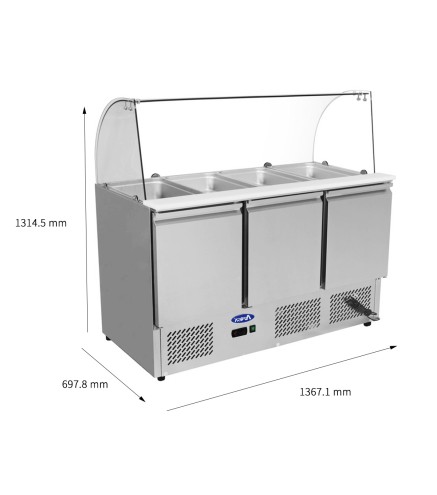 Mesa Refrigeración Y Ensaladera Repisa de Cristal Redondo Con 3 Puertas Capacidad 380L 2°/+8°C 1365X700X1330MM