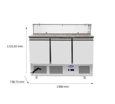 Mesa Refrigeración Y Ensaladera Repisa de Cristal Rectangular 7xGN1/3 - Con 3 Puertas Capacidad 380L 2°/+8°C 1365X700X918MM
