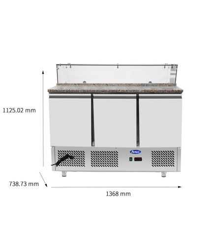 Mesa Refrigeración Y Ensaladera Repisa de Cristal Rectangular 7xGN1/3 - Con 3 Puertas Capacidad 380L 2°/+8°C 1365X700X918MM