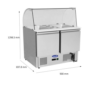 Mesa Refrigeración Y Ensaladera Repisa de Cristal Redondo Con 2 Puertas Capacidad 300L 2°/+8°C 900X700X160MM