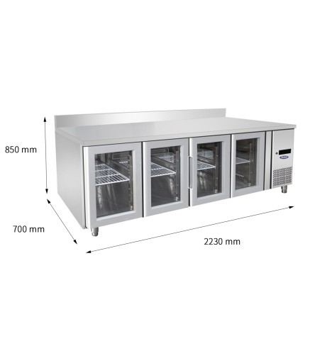 Mesa Refrigerada Ventilada Con 4 Puertas de Cristal con Tope - Capacidad  560L -2°/+8°C 2230X700X850+100MM