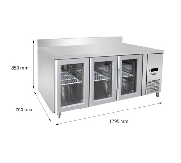Mesa Refrigerada Ventilada Con 3 Puertas de Cristal con Tope - Capacidad  420L -2°/+8°C 1795X700X850+100MM