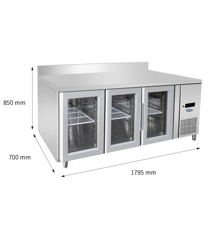 Mesa Refrigerada Ventilada Con 3 Puertas de Cristal con Tope - Capacidad  420L -2°/+8°C 1795X700X850+100MM