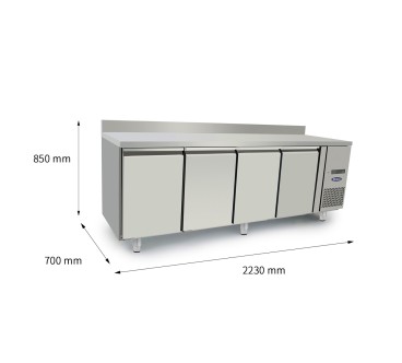 Mesa Congelador Acero Inox Ventilado Con 4 Puertas con Tope - Capacidad  560L -22°/-18°C 2230X700X850+100MM