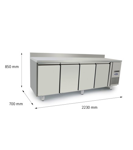 Mesa Congelador Acero Inox Ventilado Con 4 Puertas con Tope - Capacidad  560L -22°/-18°C 2230X700X850+100MM