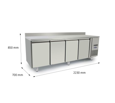 Mesa Refrigerada Acero Inox Ventilada - 4 Puertas con Tope - Capacidad  560L -2°/+8°C 2230X700X850+100MM