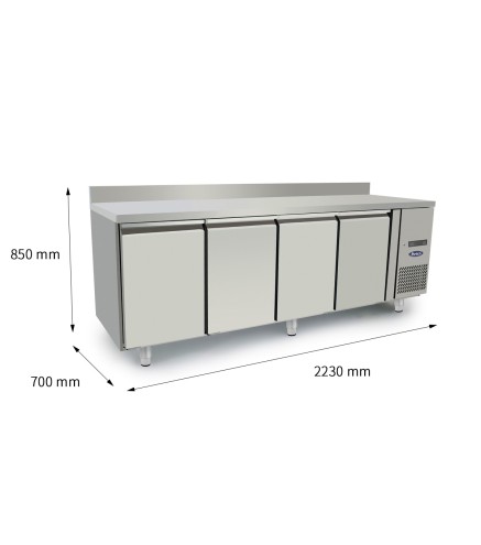 Mesa Refrigerada Acero Inox Ventilada - 4 Puertas con Tope - Capacidad  560L -2°/+8°C 2230X700X850+100MM