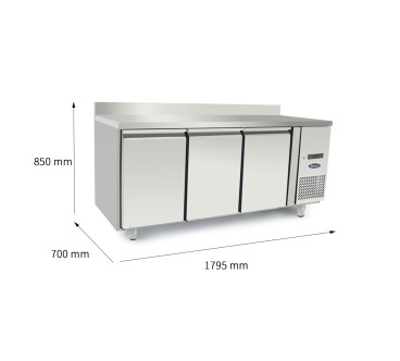 Mesa Refrigerada Acero Inox Con Tope Ventilada Con 3 Puertas - Capacidad  420L -2°/+8°C 1795X700X850+100MM