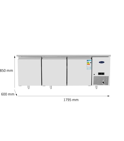 Mesa Refrigerada Acero Inox Con Tope Ventilada Con 3 Puertas - Capacidad  360L -2°/+8°C 1795X600X850MM