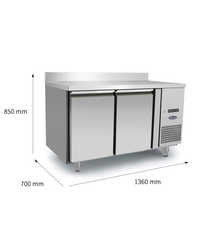 Mesa Refrigerada Acero Inox Con Tope Ventilada Con 2 Puertas - Capacidad  280L -2°/+8°C 1360X700X850+100MM