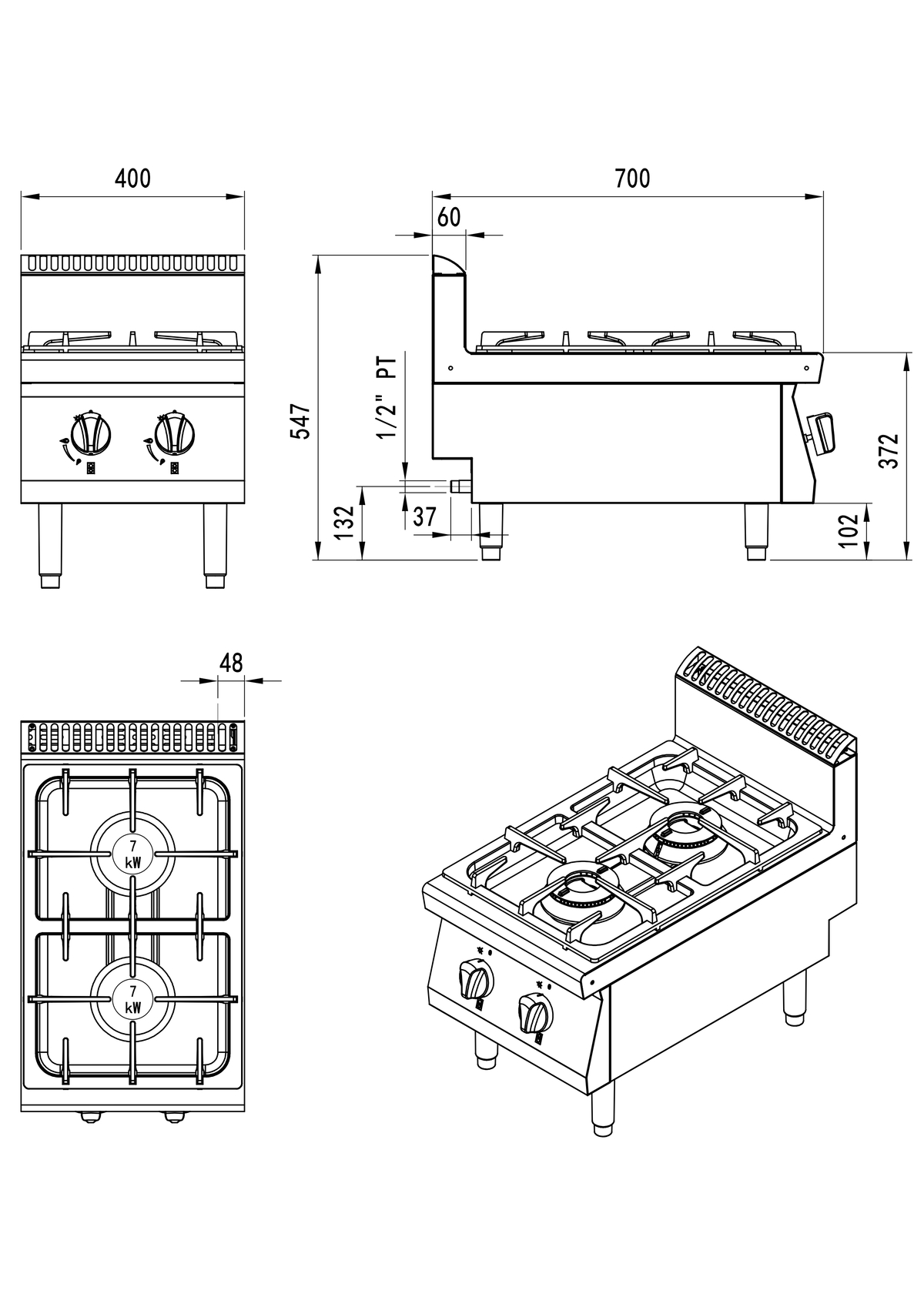 Fogón de gas  natural sobre mesa con 2 quemadores serie 700 - 400x700x547mm 14KW - 2x7kW 燃气台式两头煲仔炉（同）(默认天燃气，配件液化气头) -