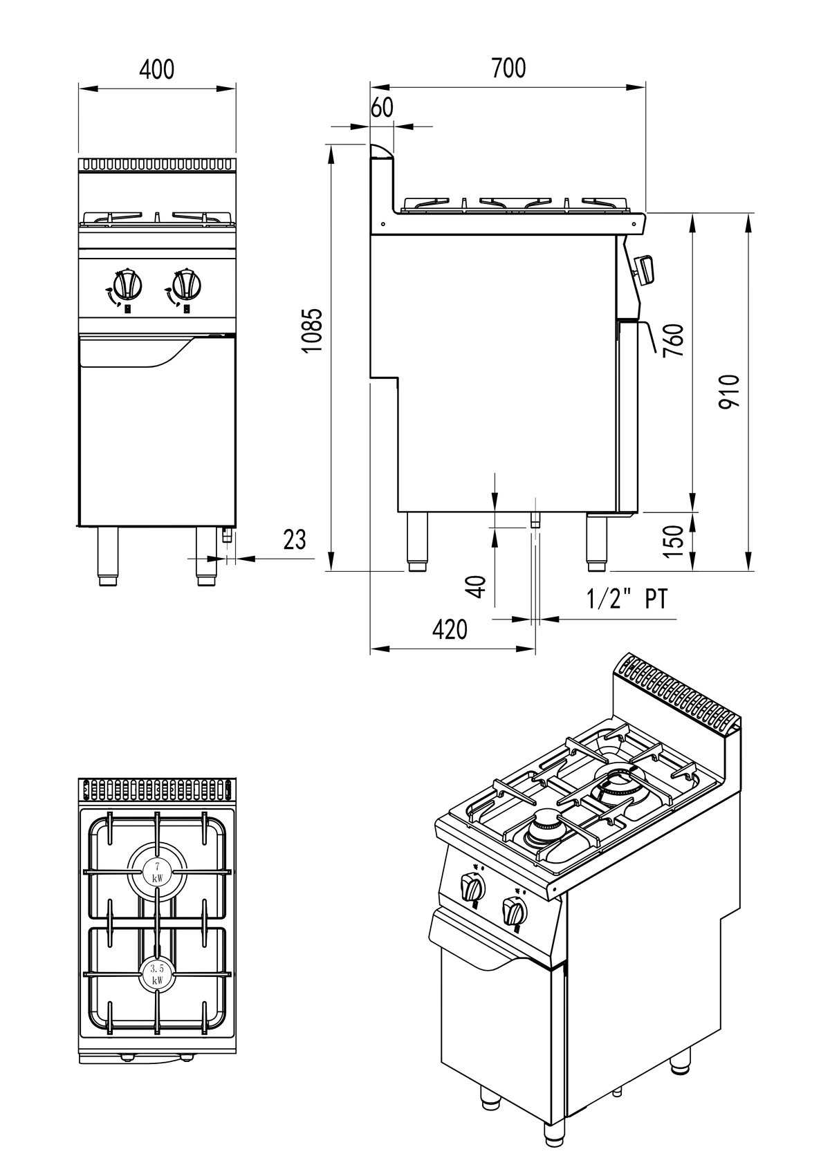 Fogón de gas  natural con 2 quemadores serie 700 - 400x700x1085mm 10.50KW- 1x3,5kW+1x7kW 燃气落地式两头煲仔炉（异）(默认天燃气，配件液化气头) -