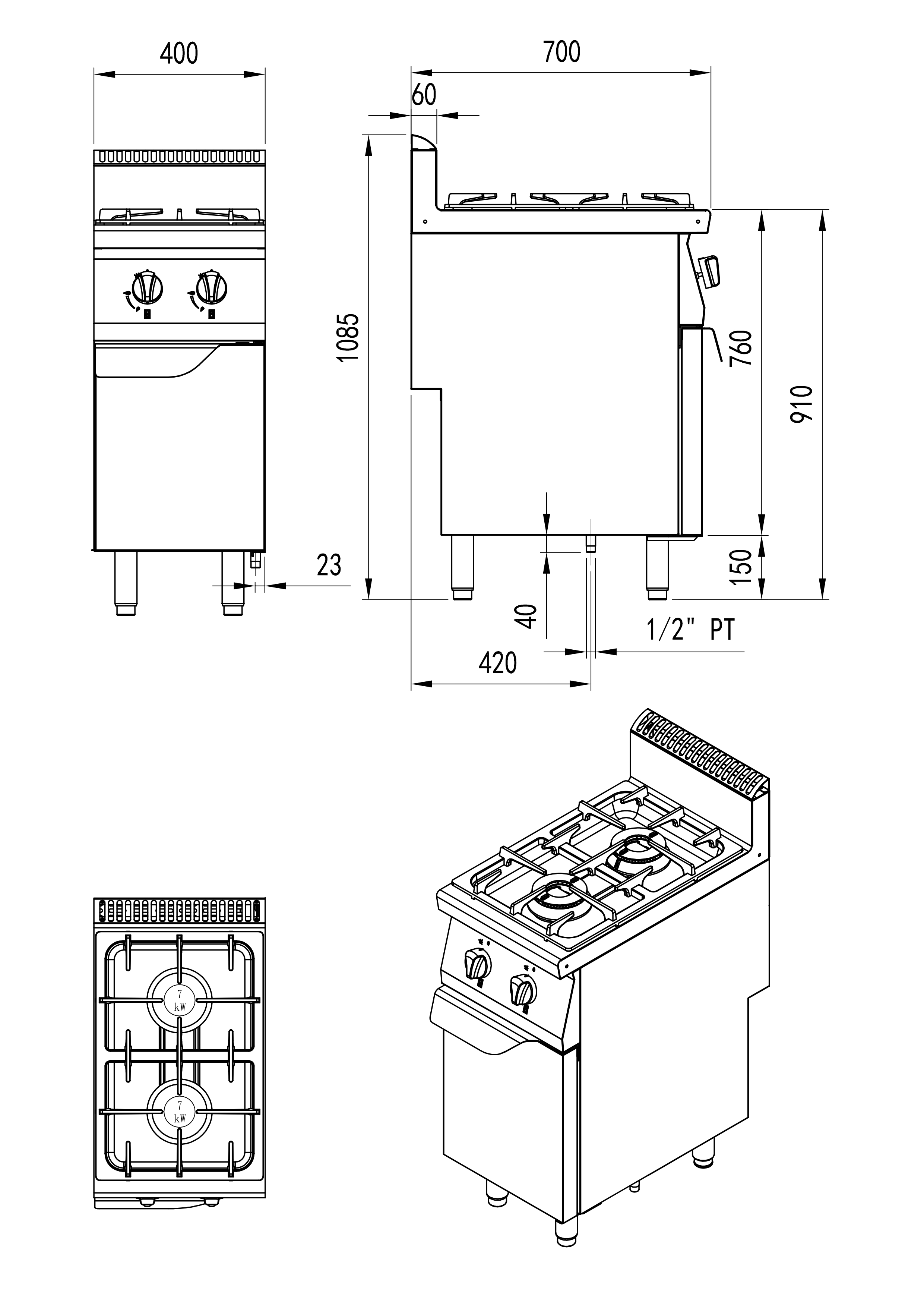 Fogón de gas natural con 2 quemadores serie 700 - 400x700x1085mm 14KW - 2x7kW 燃气落地式四头煲仔炉（同）(默认天燃气，配件液化气头) -