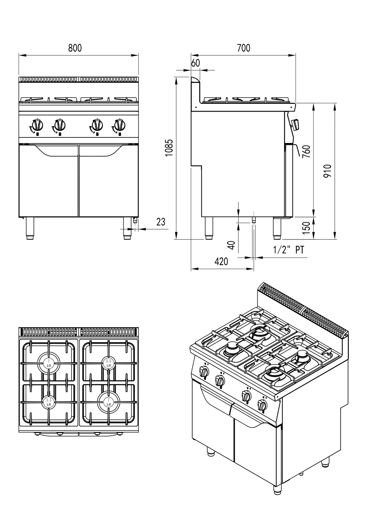 Fogón de gas natural con 4 quemadores serie 700 - 800x700x1085mm 21KW - 2x3,5kW+2x7kW 燃气落地式四头煲仔炉（异）(默认天燃气，配件液化气头) -